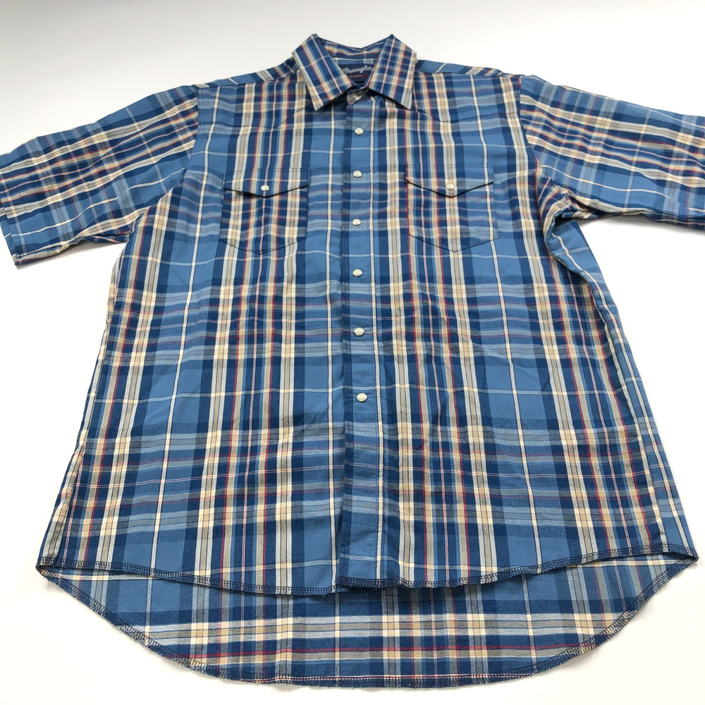 Wrangler Western Large (Fits Big) Pearl Snap SS Plaid Collared Shirt Blue MINT